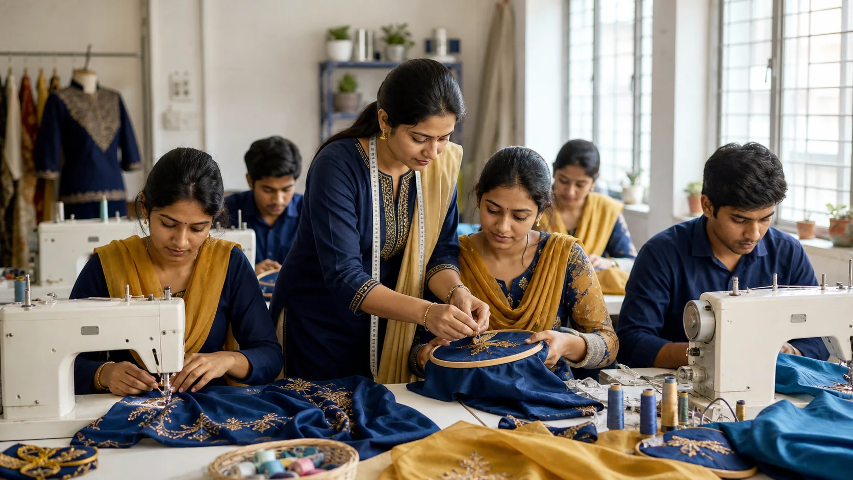 Students practicing tailoring and embroidery with an instructor