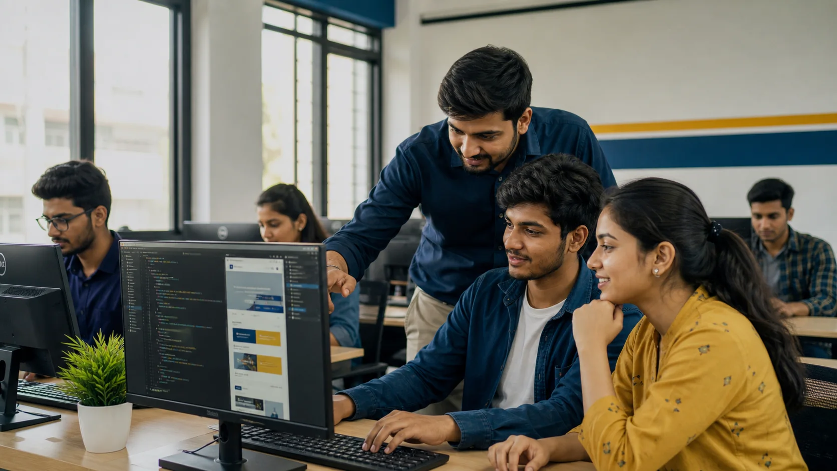 Students building websites together in a guided web development class